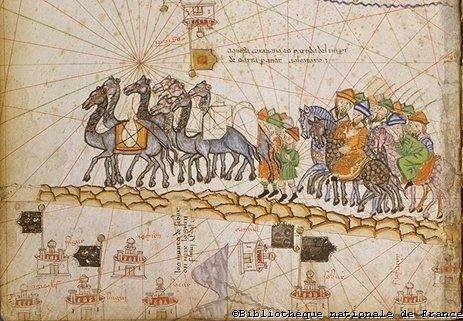 Caravan crossing the Silk Road. (detail of the map of Asia)  (BNF, Esp 30)